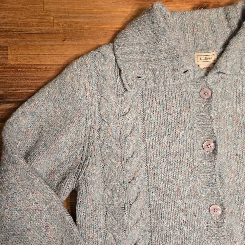 L.L. Bean Blue Confetti Tweed Cable Knit Cardigan Sweater Size M - Picture 11 of 13